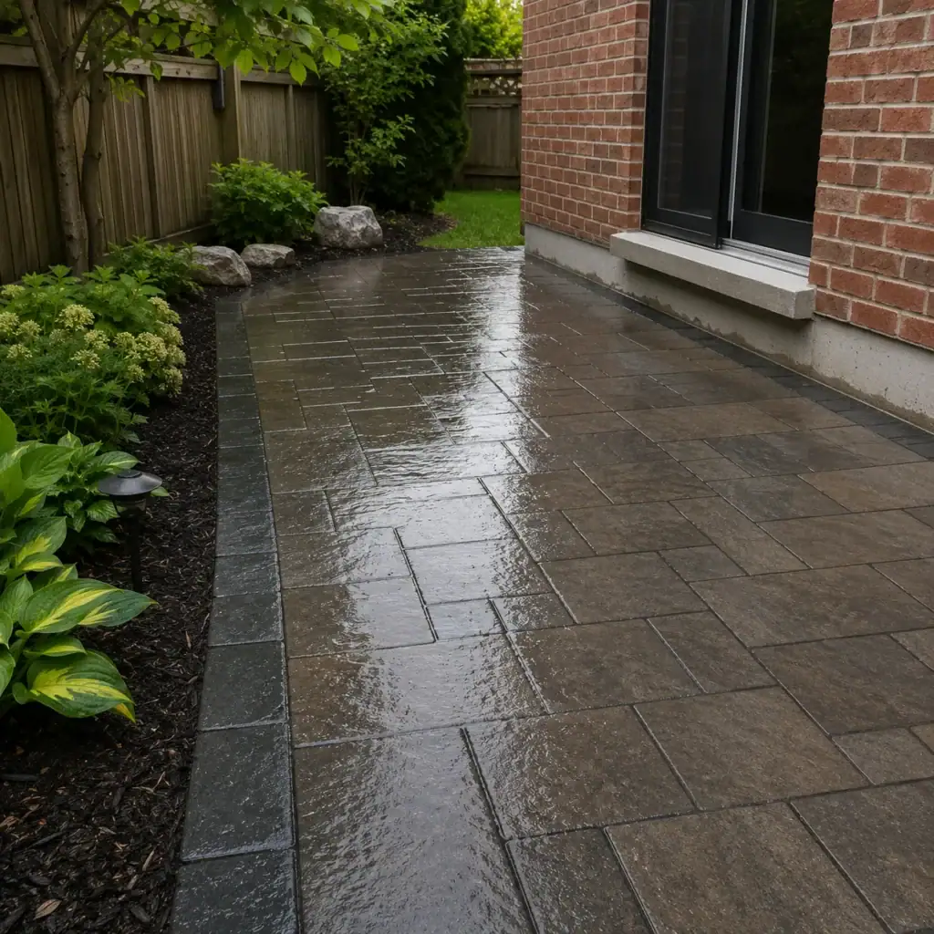 Interlocking backyard patio draining away from a brick home after rain
