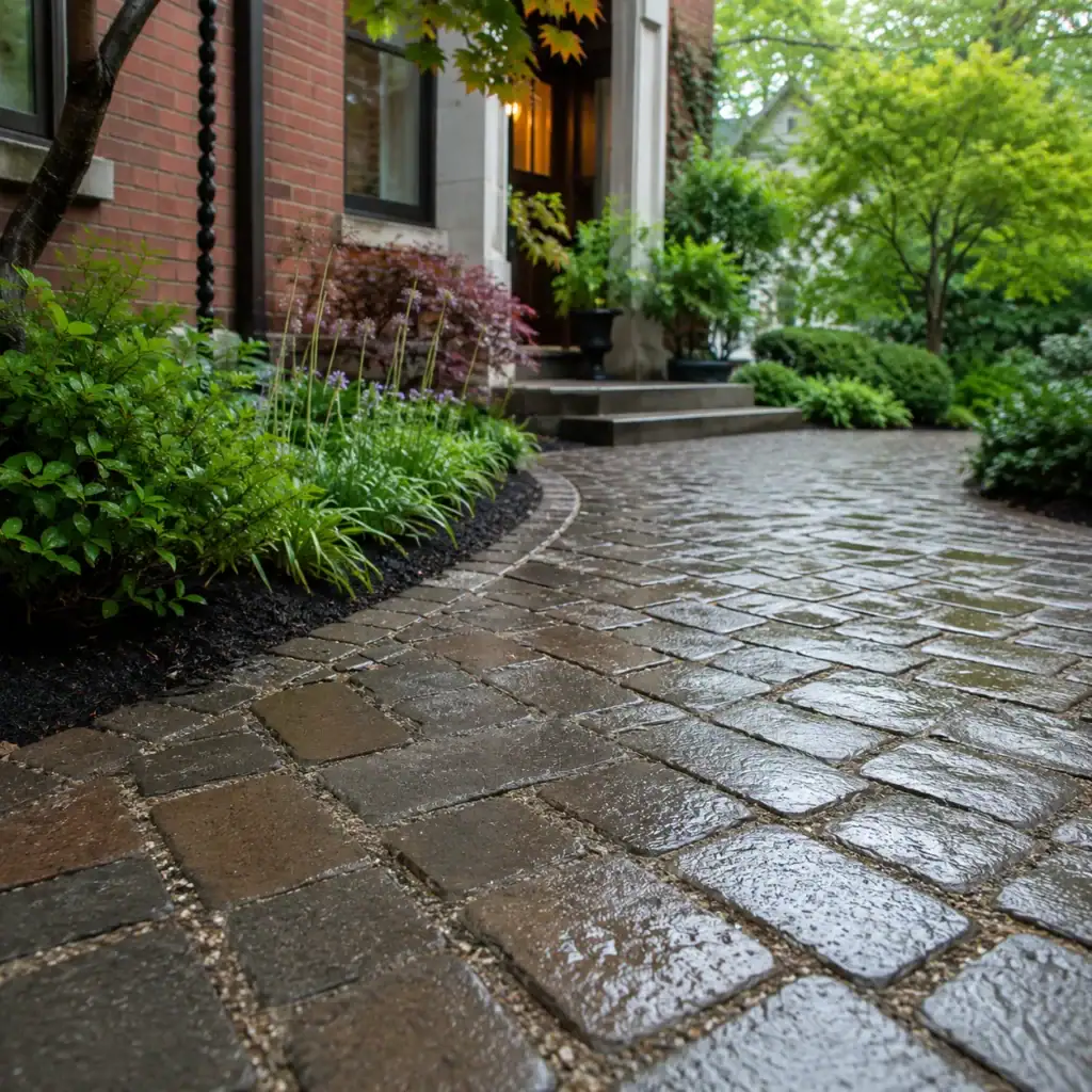 Permeable paver walkway managing rainwater beside a Toronto home