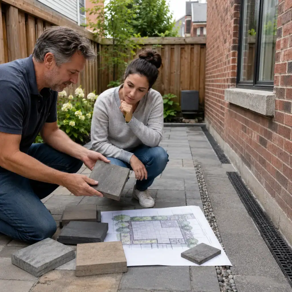 Realistic 1000px by 1000px photo of a masonry contractor reviewing interlocking design options with a Toronto homeowner in a small backyard, showing paver samples, patio layout sketch, drainage area, brick home exterior, and natural daylight, no readable text, no logos, no watermark.