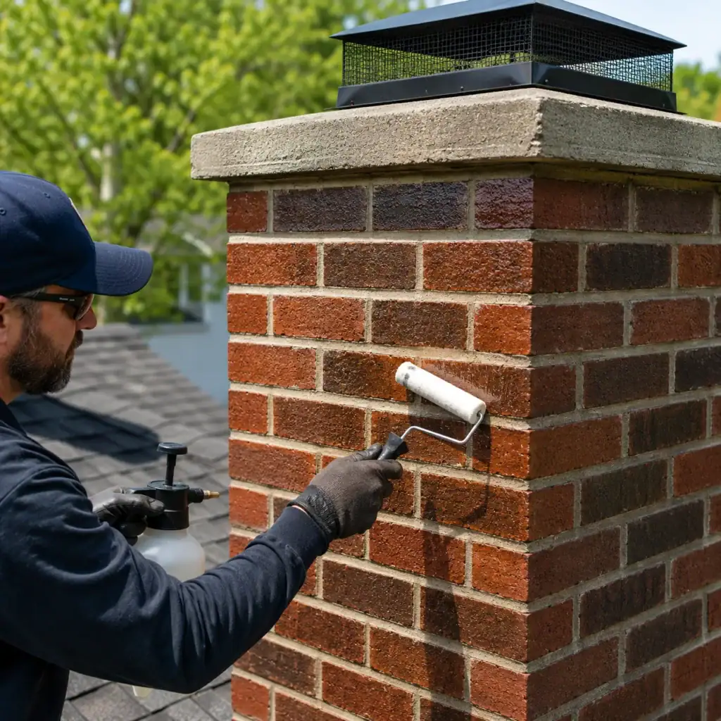 Breathable water repellent applied to a repaired brick chimney