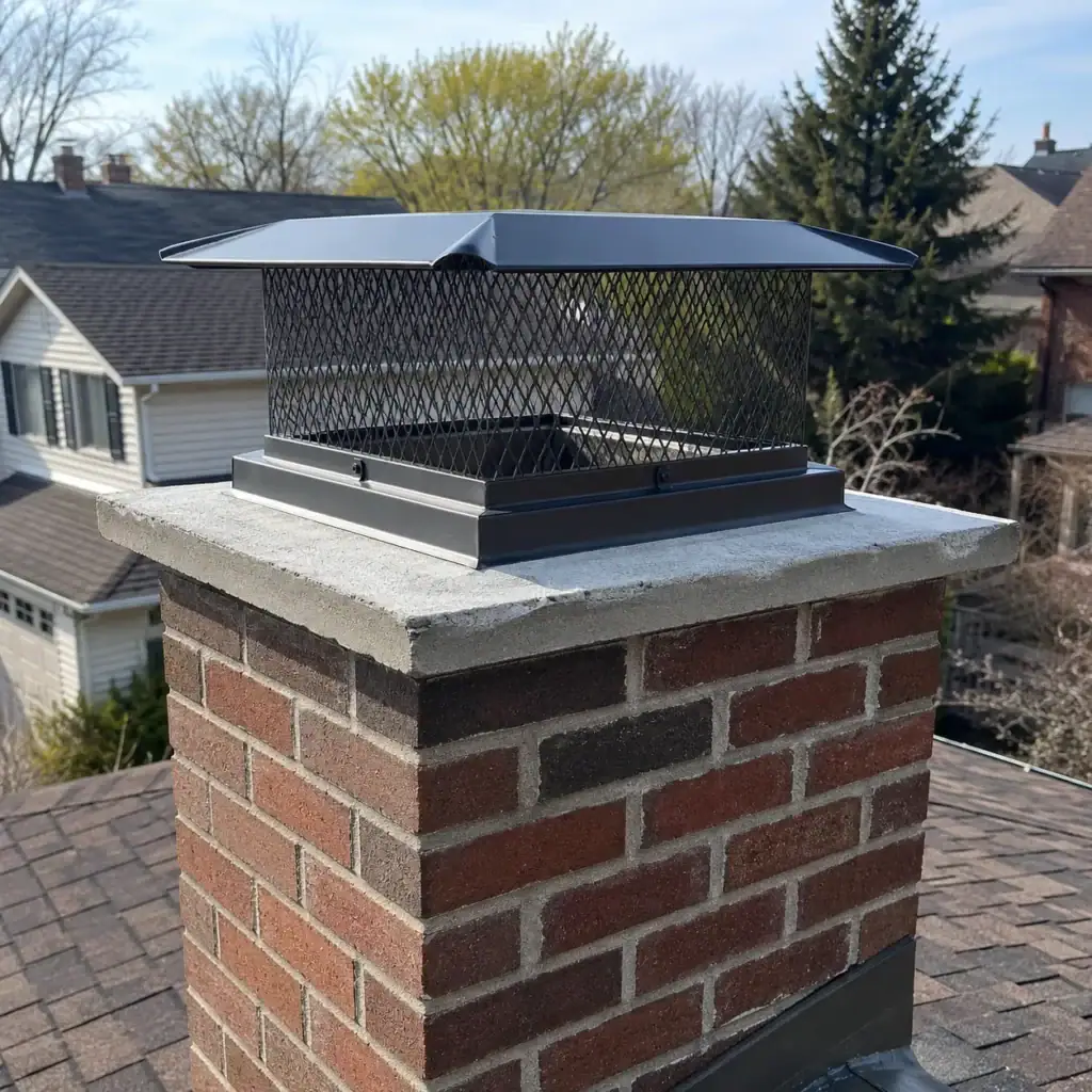 Properly installed chimney cap protecting a brick chimney from rain and debris