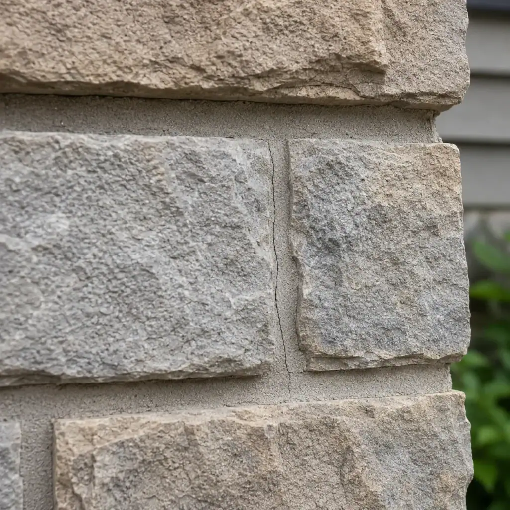 Small hairline crack in stone veneer mortar joint