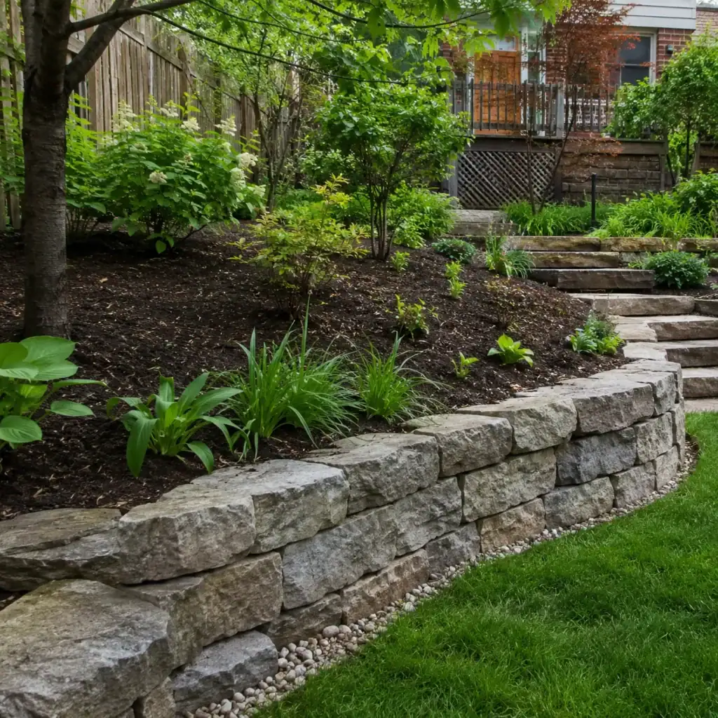 Stone retaining wall supporting a raised garden level in a Toronto yard