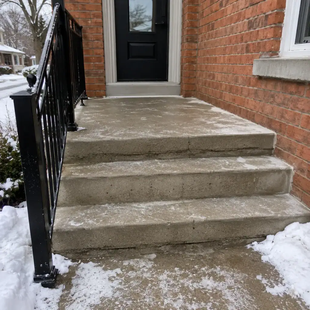 Concrete steps with winter wear and small cracks at a Toronto home