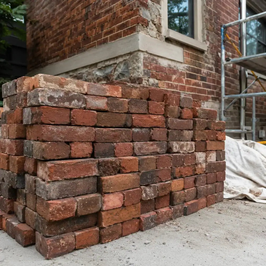 Reclaimed bricks prepared for a masonry repair project