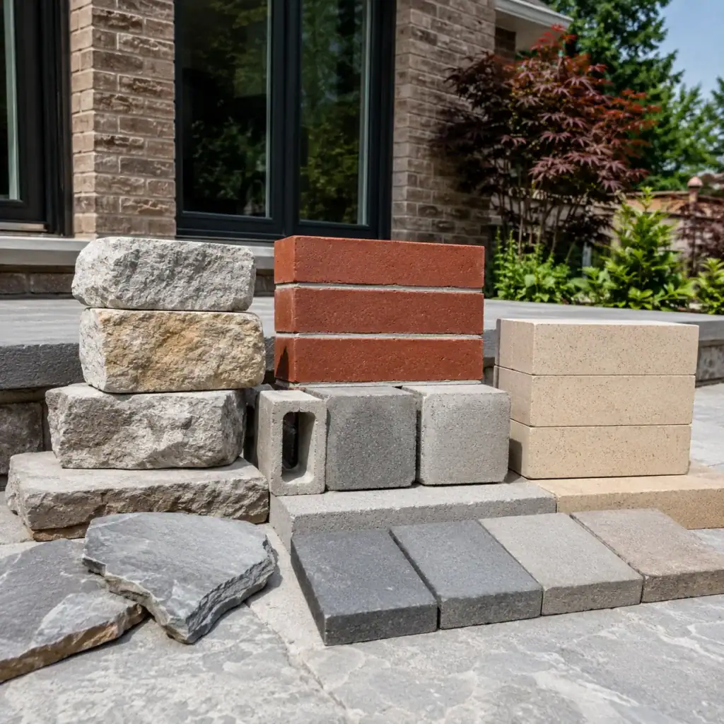 Outdoor fire feature material samples including stone brick and block