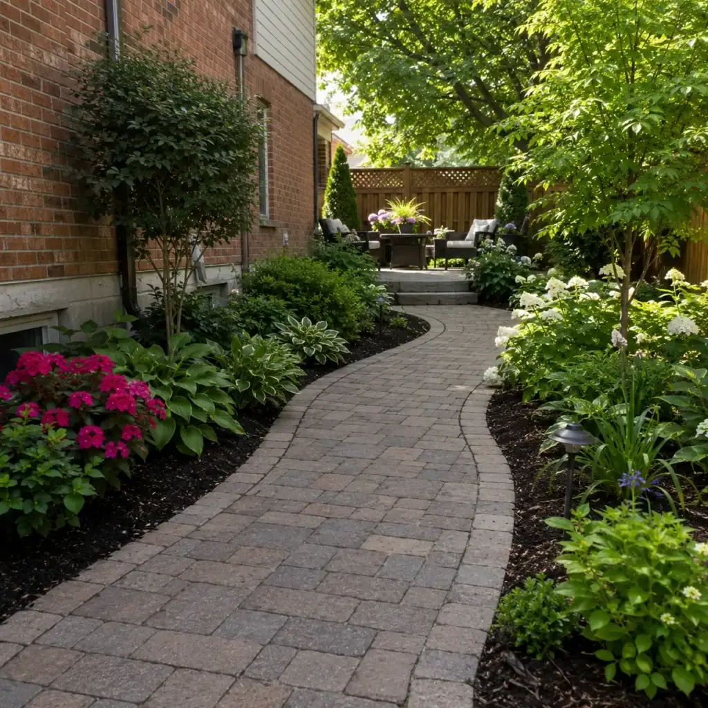 Interlocking paver garden path through a Toronto backyard