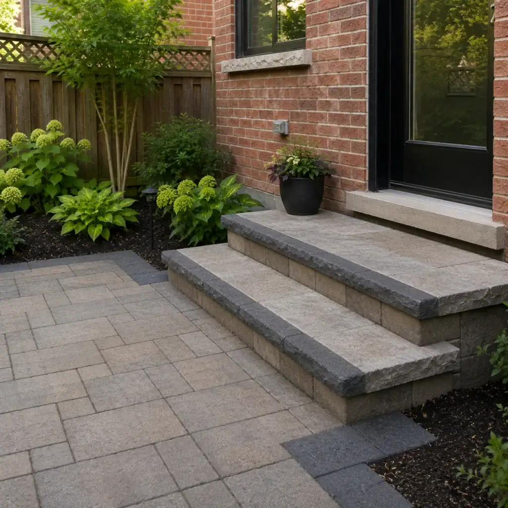 Compact interlocking steps connecting a back door to a small patio