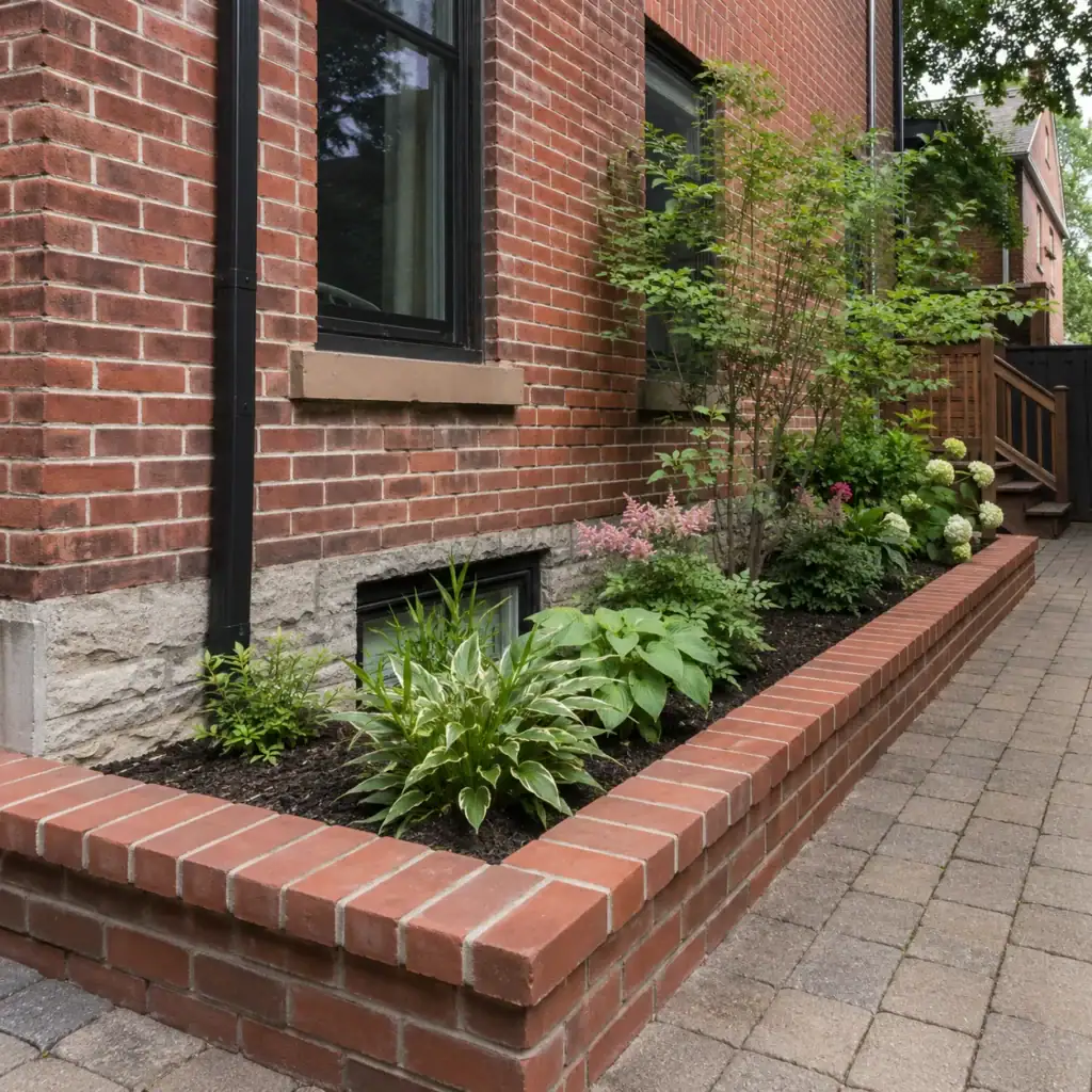 Low brick garden border beside an older Toronto brick home