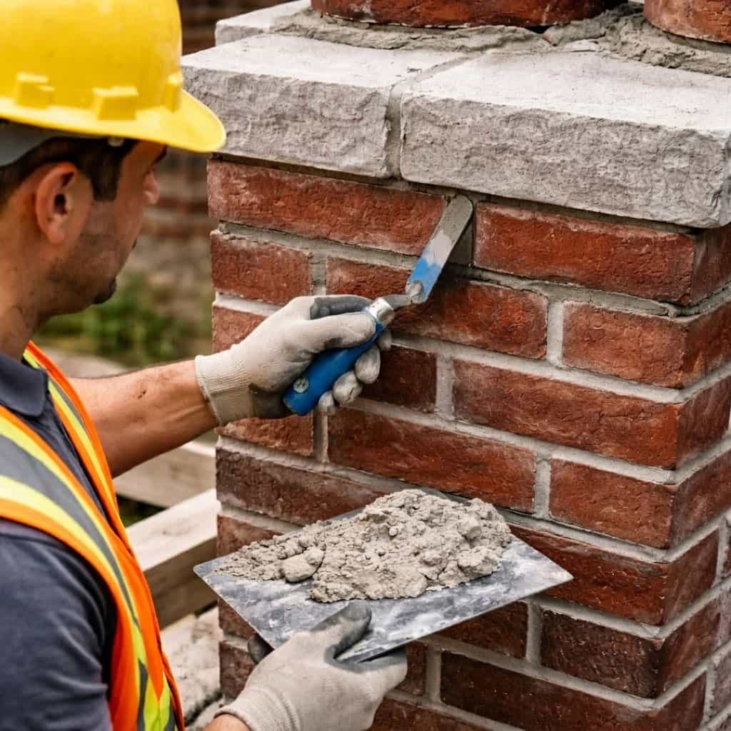 Mason applies fresh mortar to brick chimney joints beneath a concrete chimney cap
