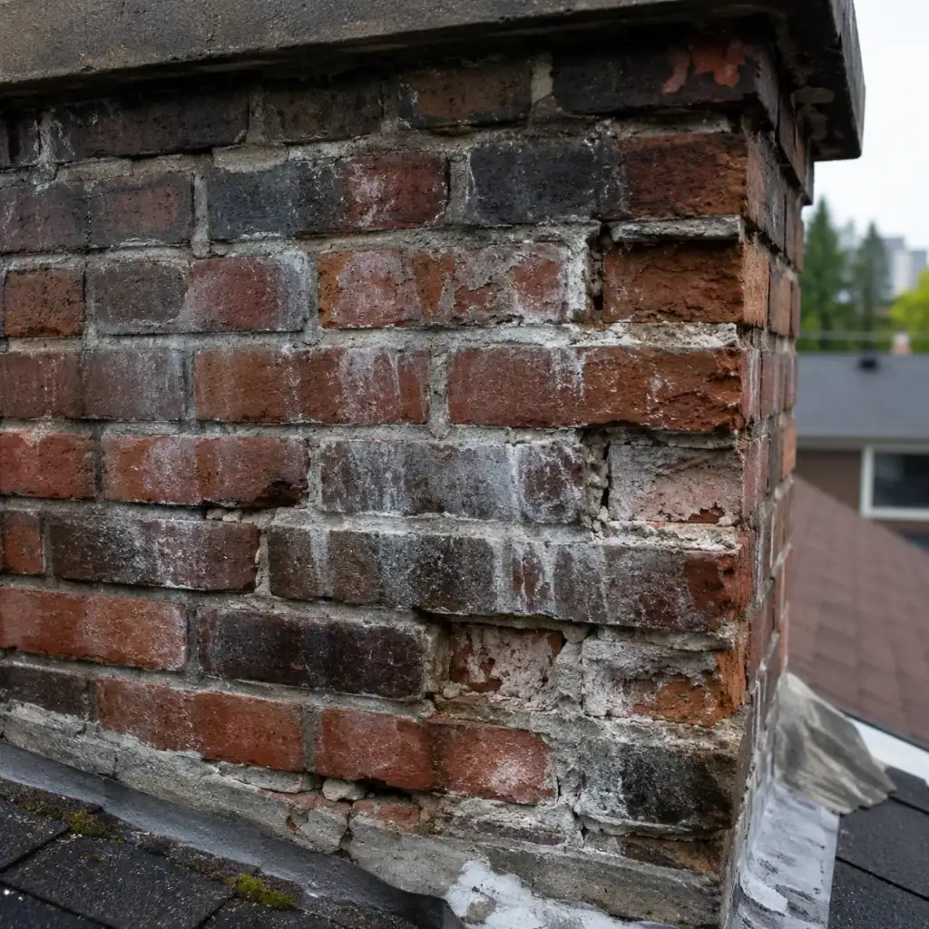 Chimney water damage with spalling brick and efflorescence
