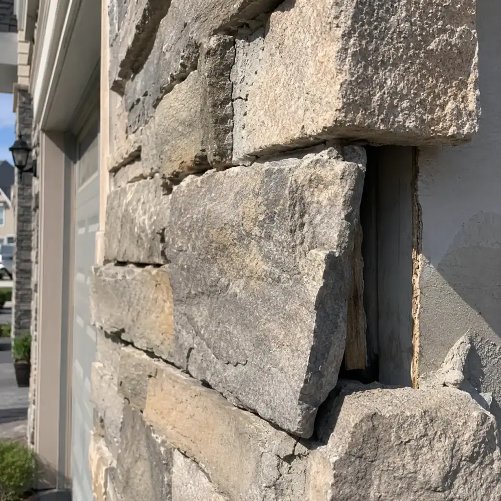 Loose stone veneer pulling away from an exterior wall