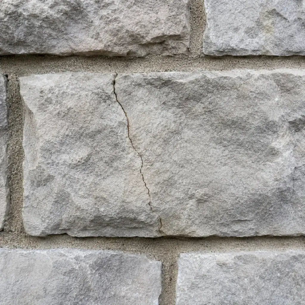 Crack running through a stone veneer piece on an exterior wall