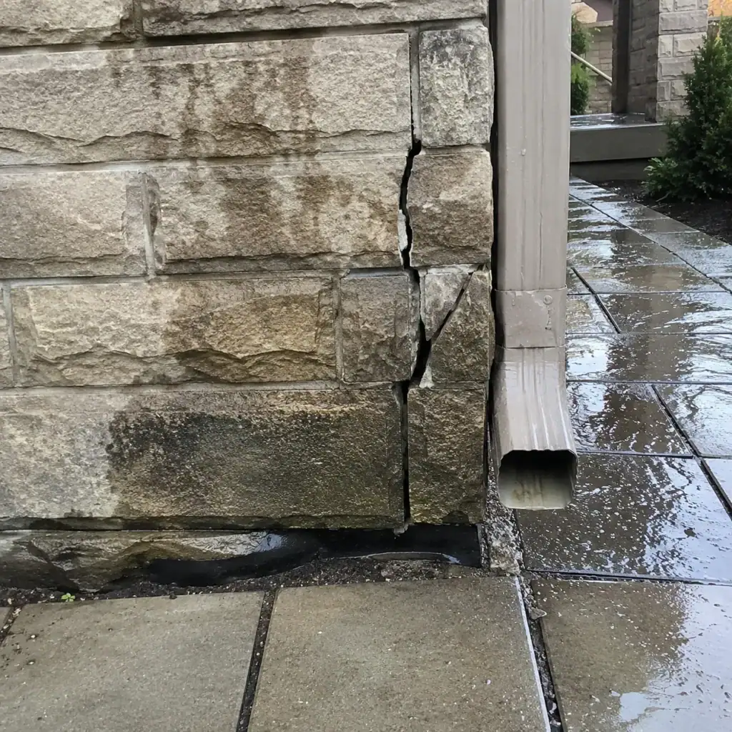 Water staining around cracked stone veneer near a downspout