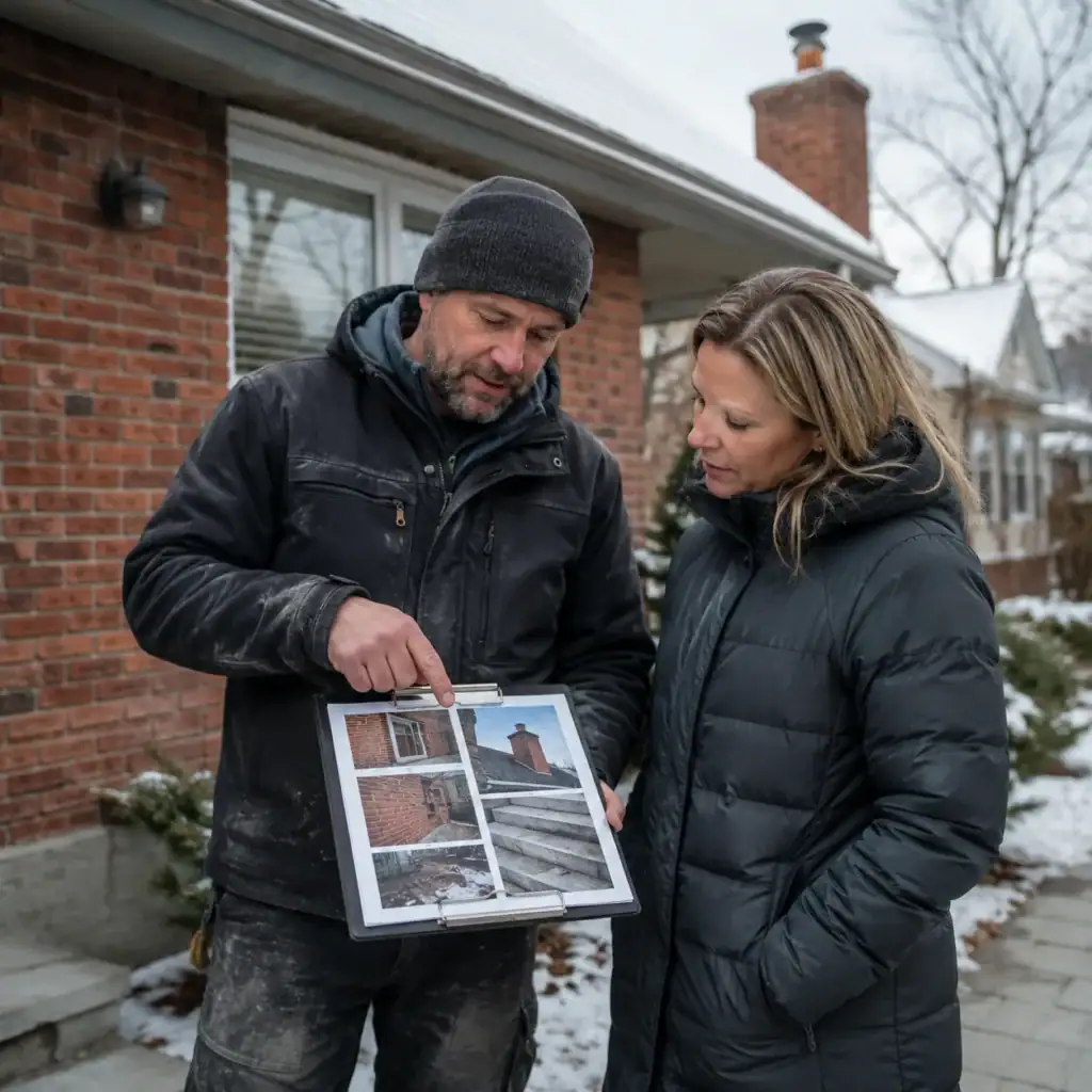 Masonry contractor reviewing winter-proofing repairs with a homeowner