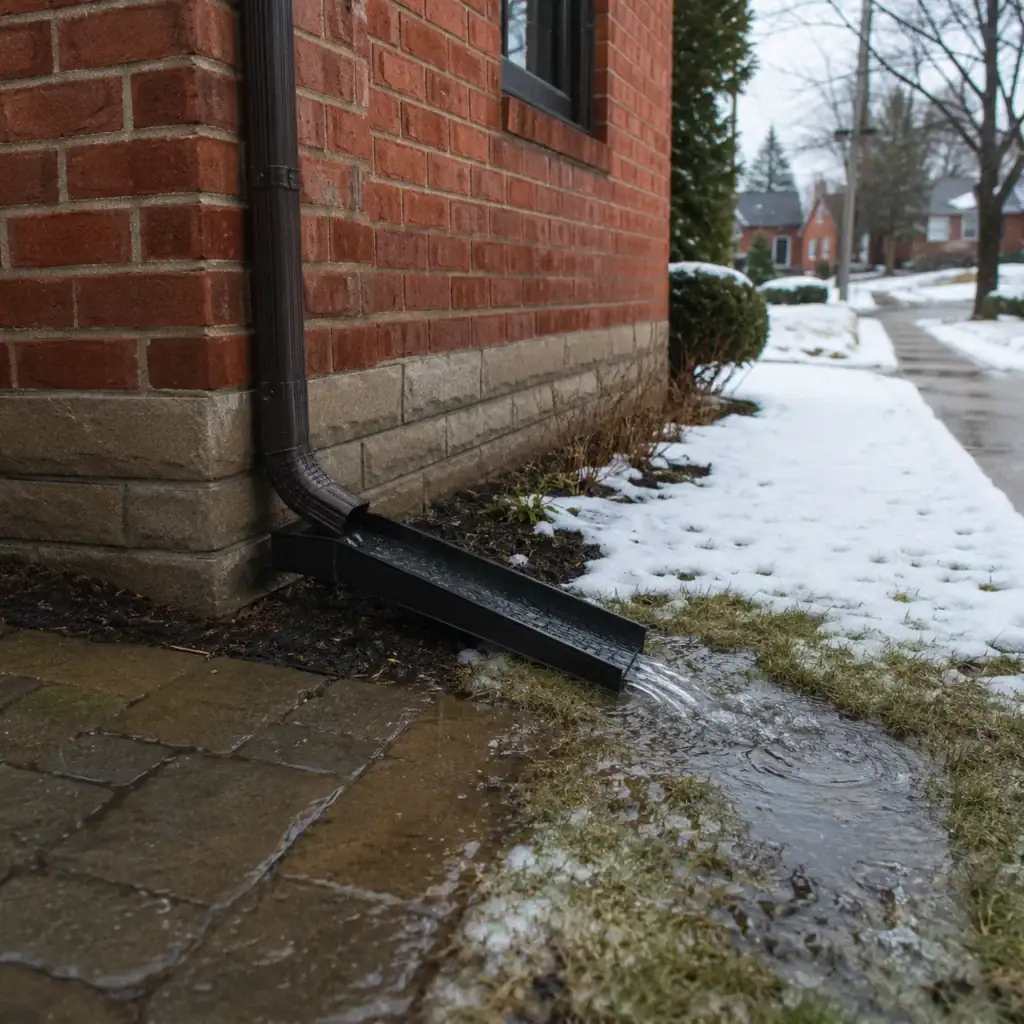 Downspout directing snowmelt away from brickwork and foundation
