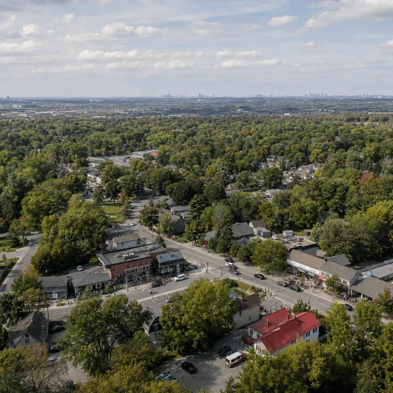 Aerial view of Markham with lush greenery and residential neighborhoods.