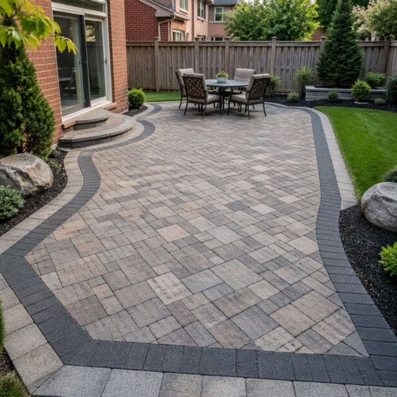 Beautiful backyard patio with stone paving and outdoor seating.