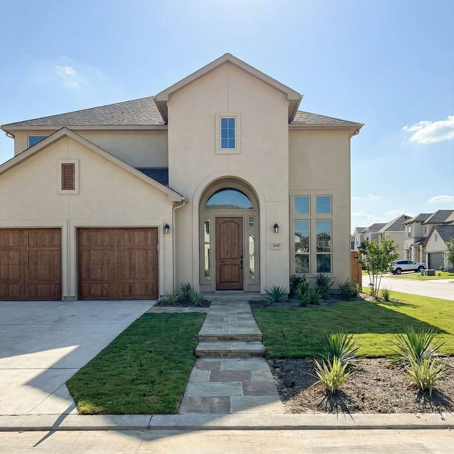 Contemporary house with a landscaped front yard and wooden garage doors.