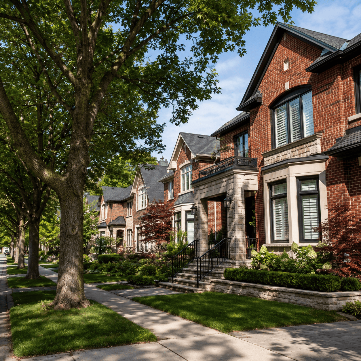 Beautiful brick houses with well-maintained lawns in Richmond Hill.