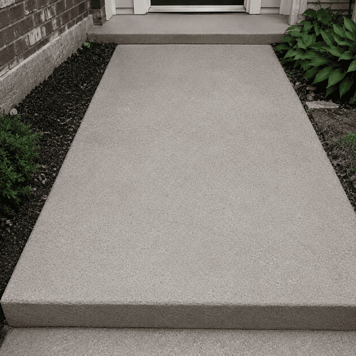 Concrete porch step leading to front door with surrounding garden beds.