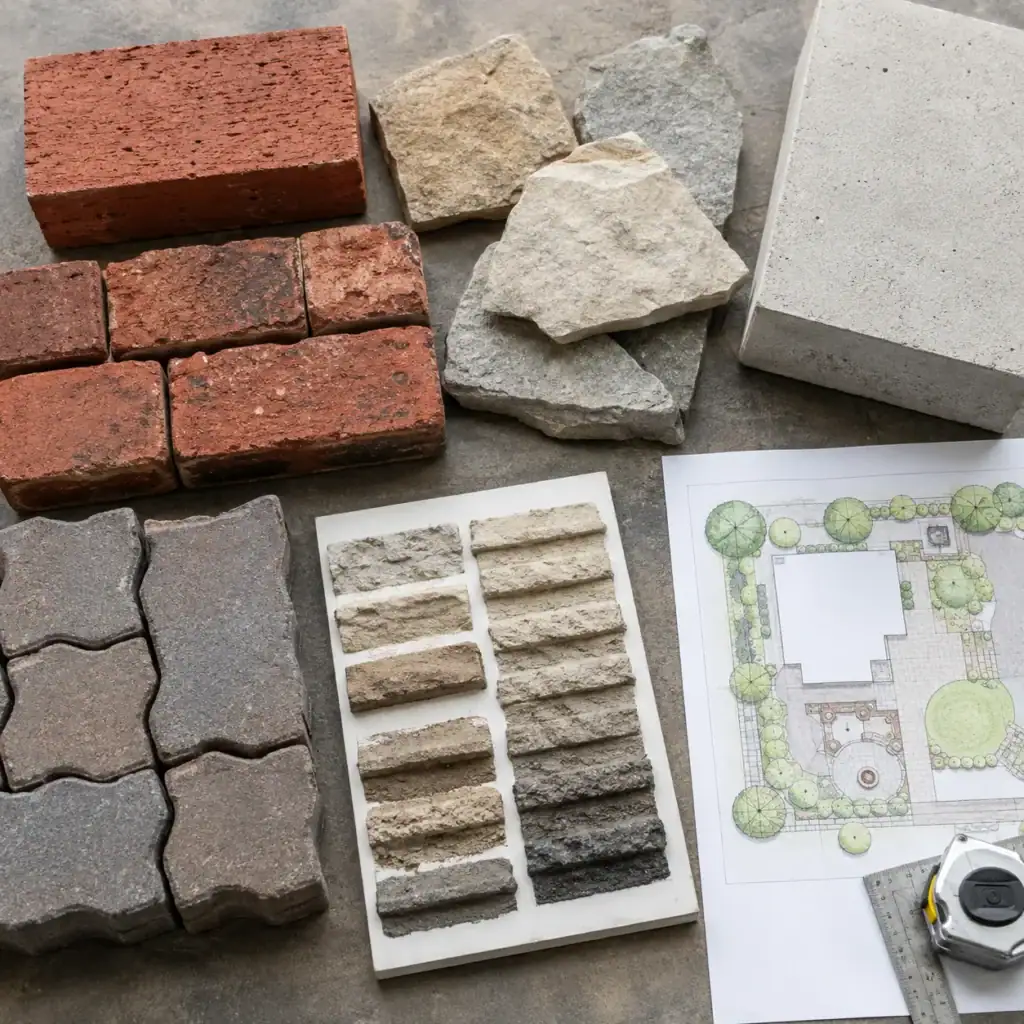 Brick, natural stone, concrete and interlocking paver samples for landscape planning