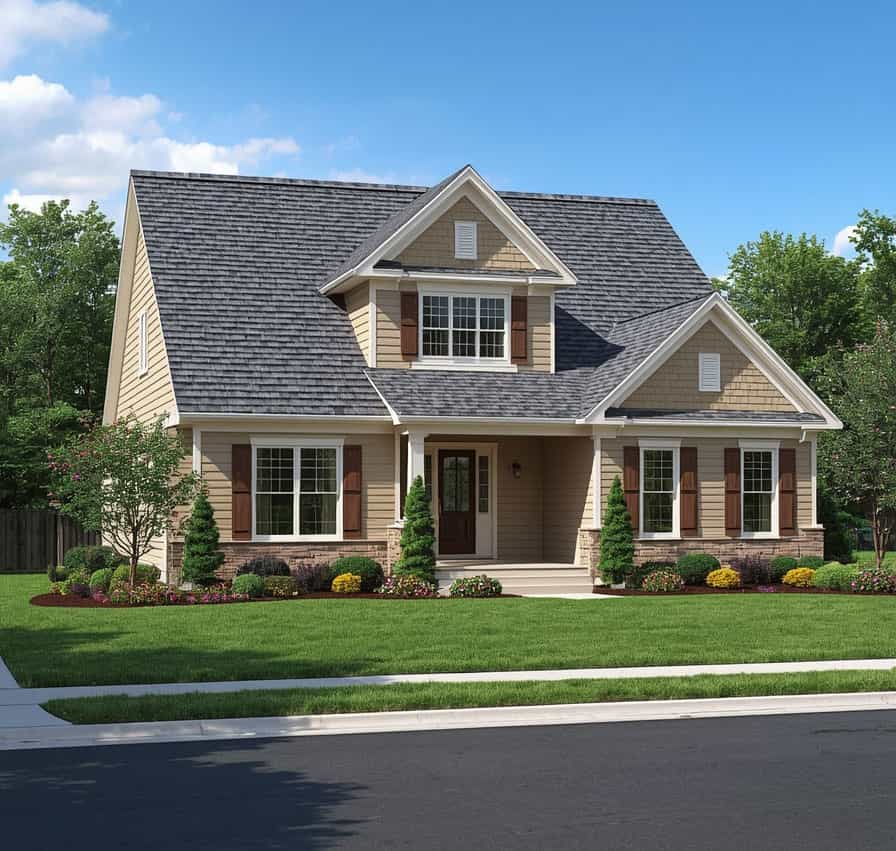 Elegant house with stone and brick masonry exterior in a suburban setting.