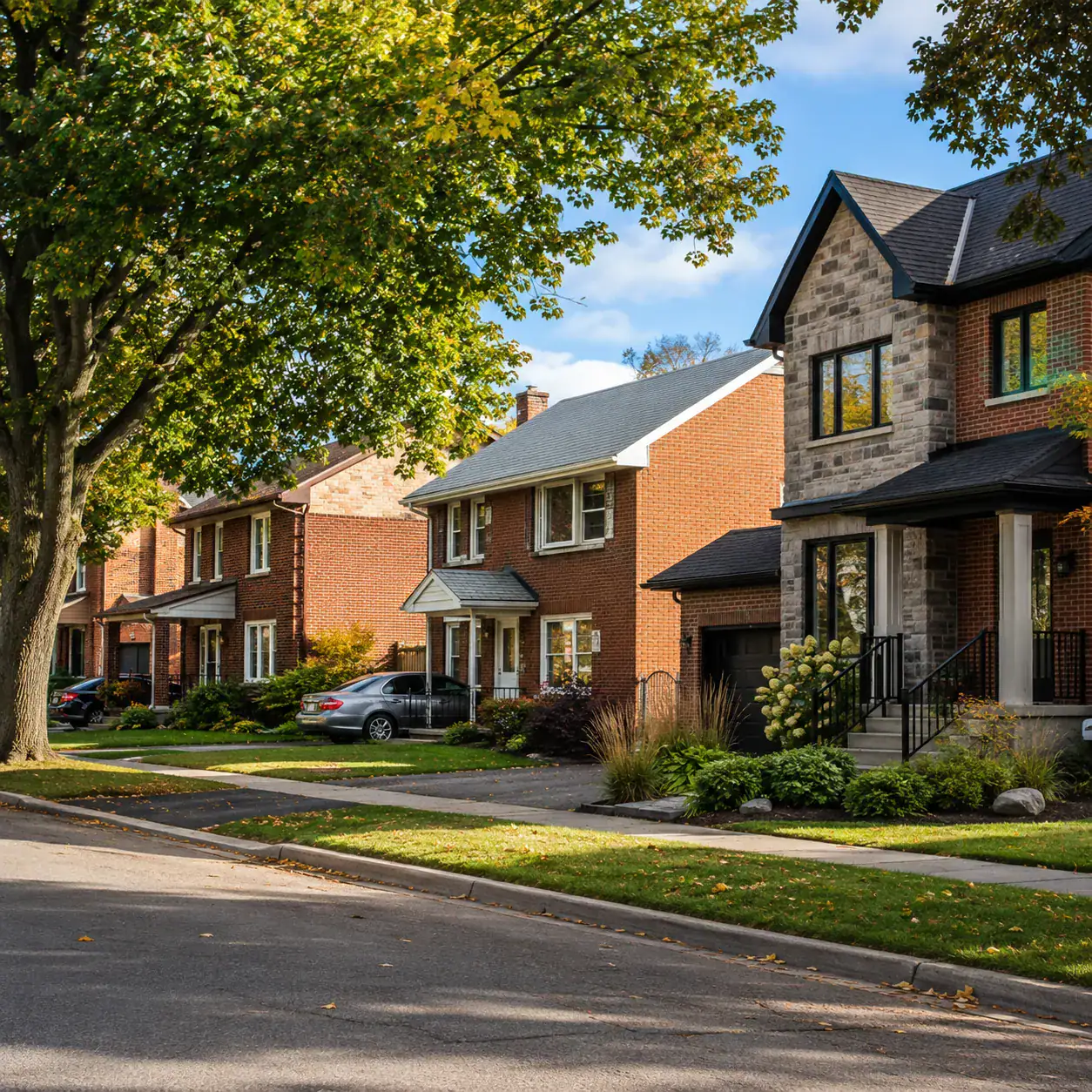 Autumn residential street lined with brick homes and a house featuring a stone facade