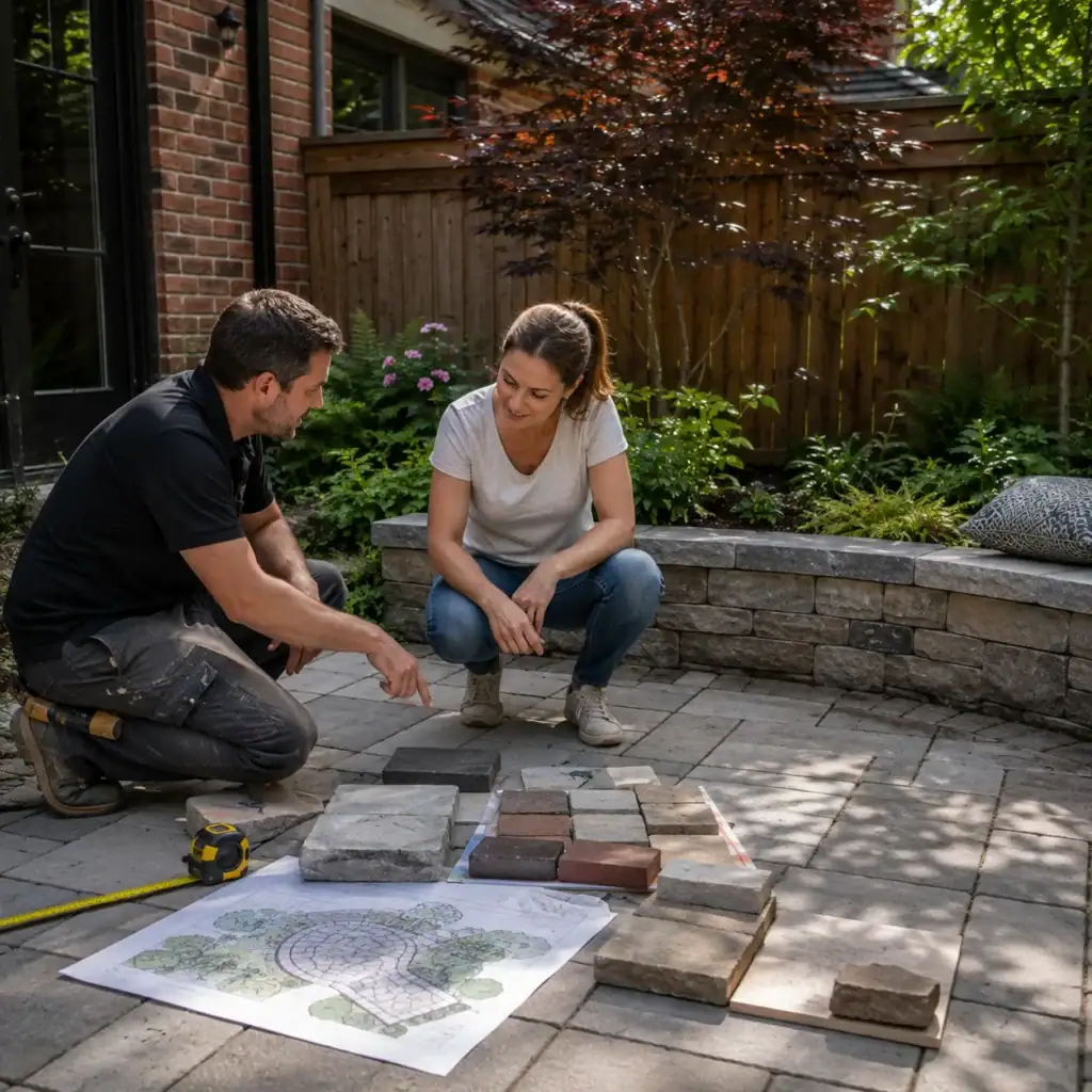 Masonry contractor reviewing an urban landscape project with a Toronto homeowner
