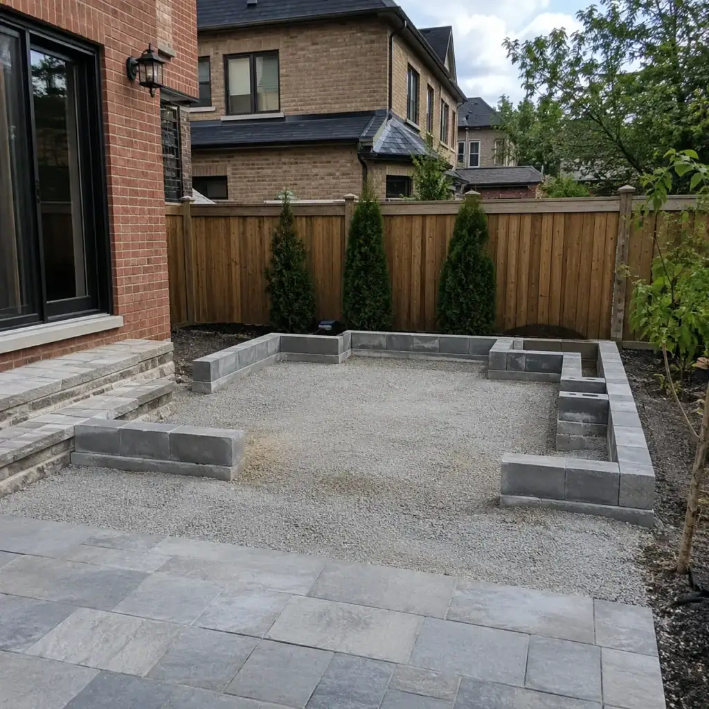 Prepared base for an outdoor masonry kitchen with drainage slope