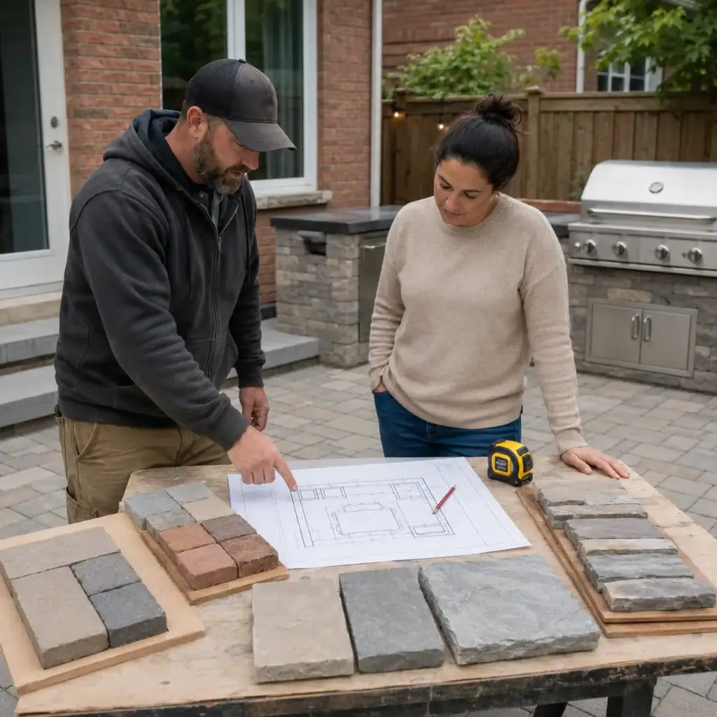 Masonry contractor reviewing outdoor kitchen and grill plans with a Toronto homeowner