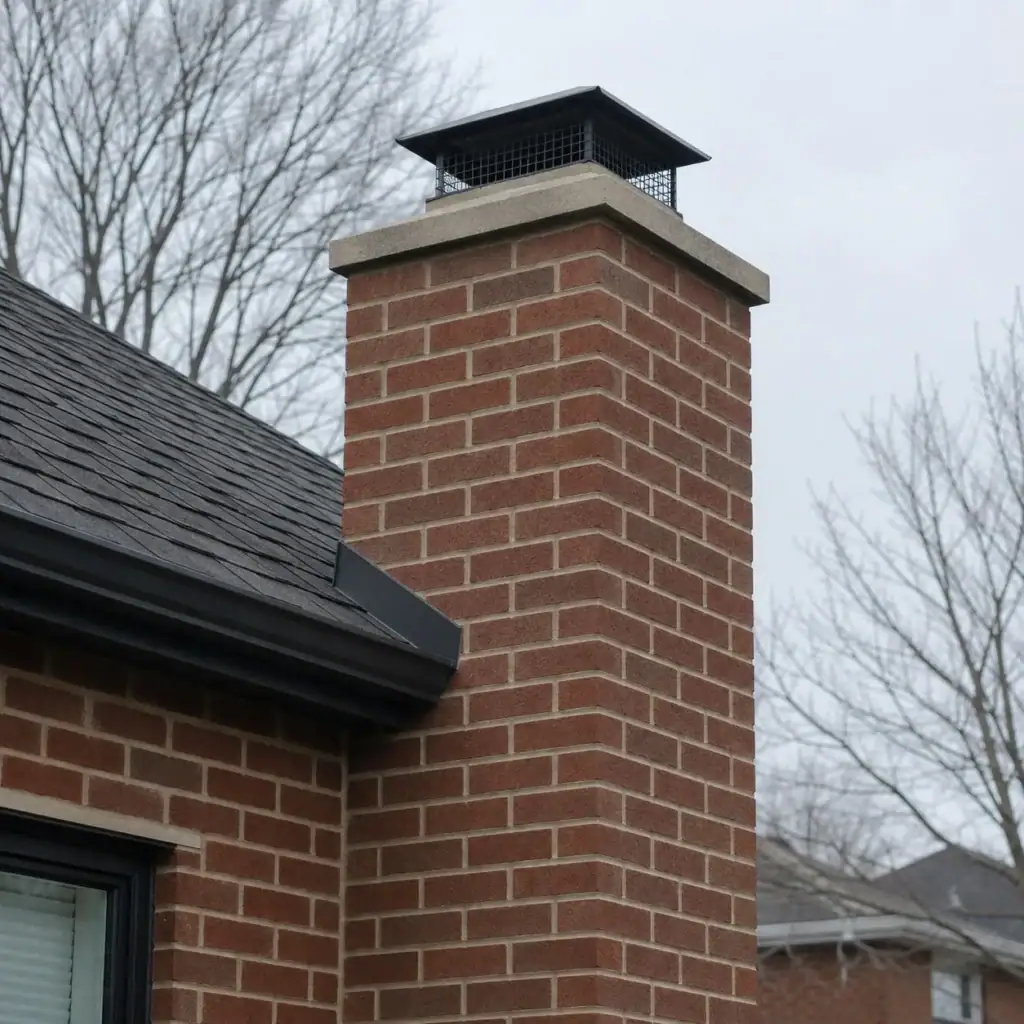 Repaired brick chimney with cap crown and tuckpointing for moisture prevention