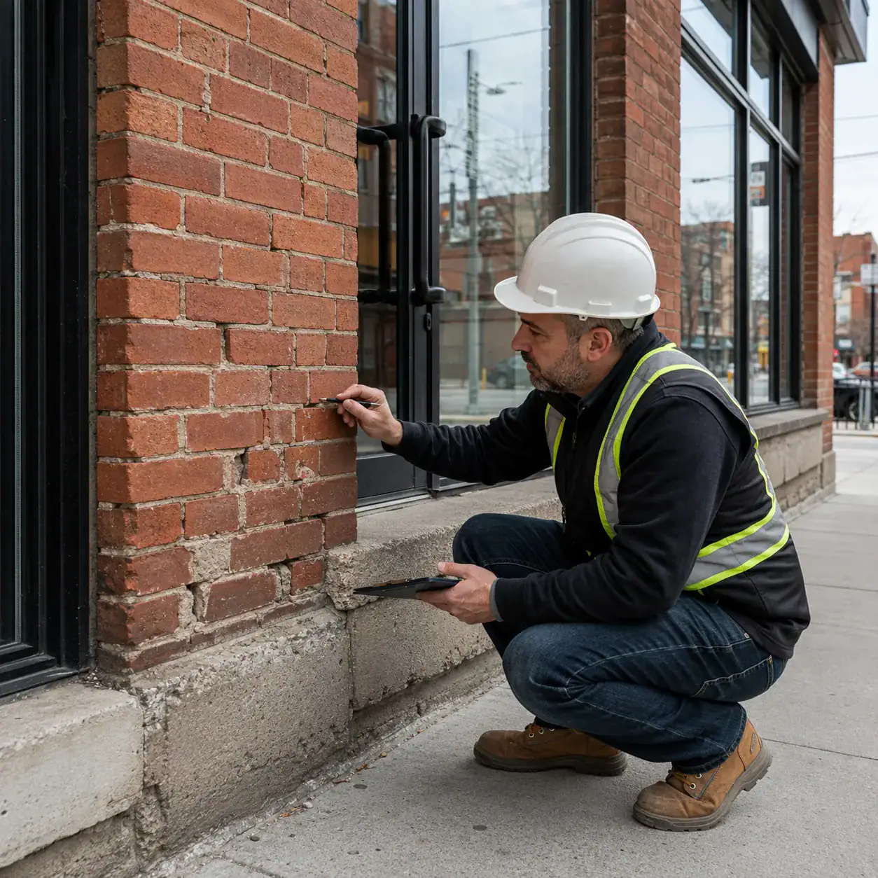 Masonry contractor inspecting a commercial brick storefront in Toronto