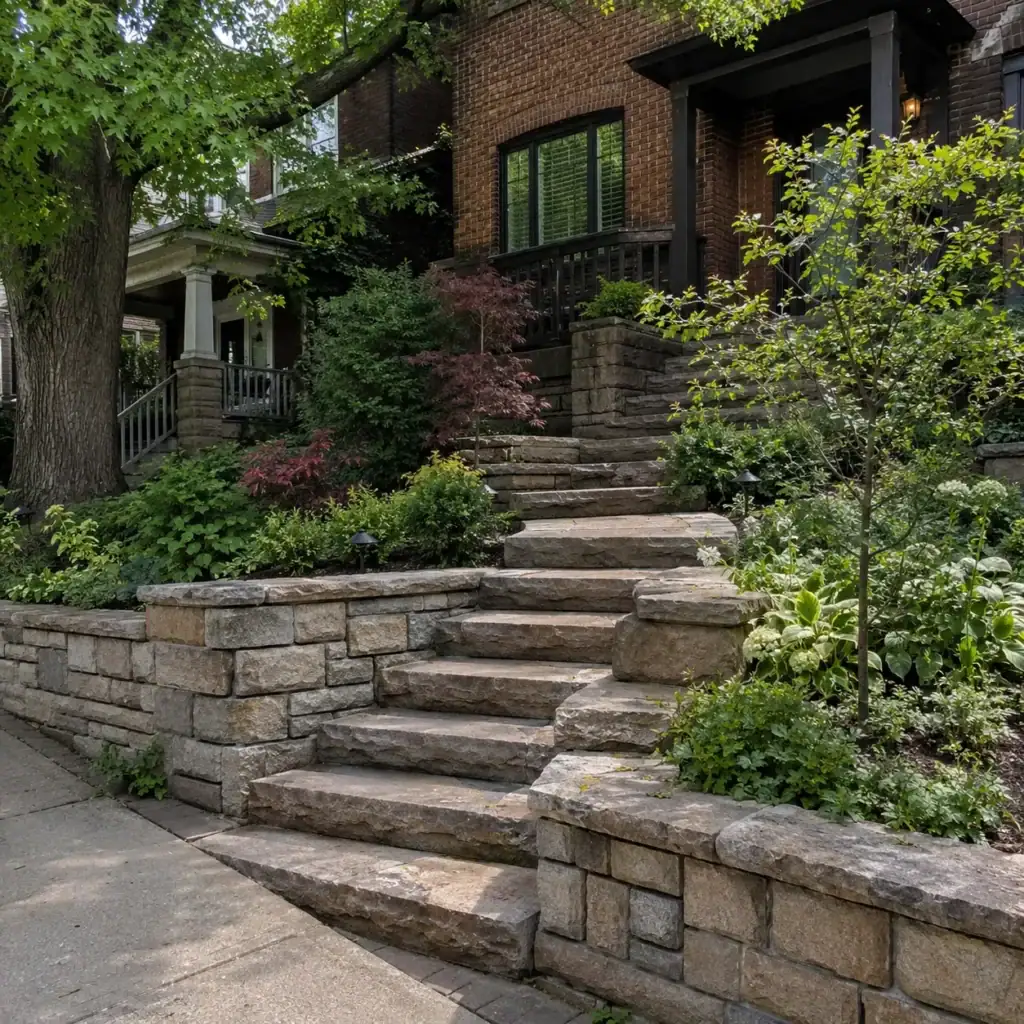 Stone retaining wall and steps managing a sloped Toronto front yard