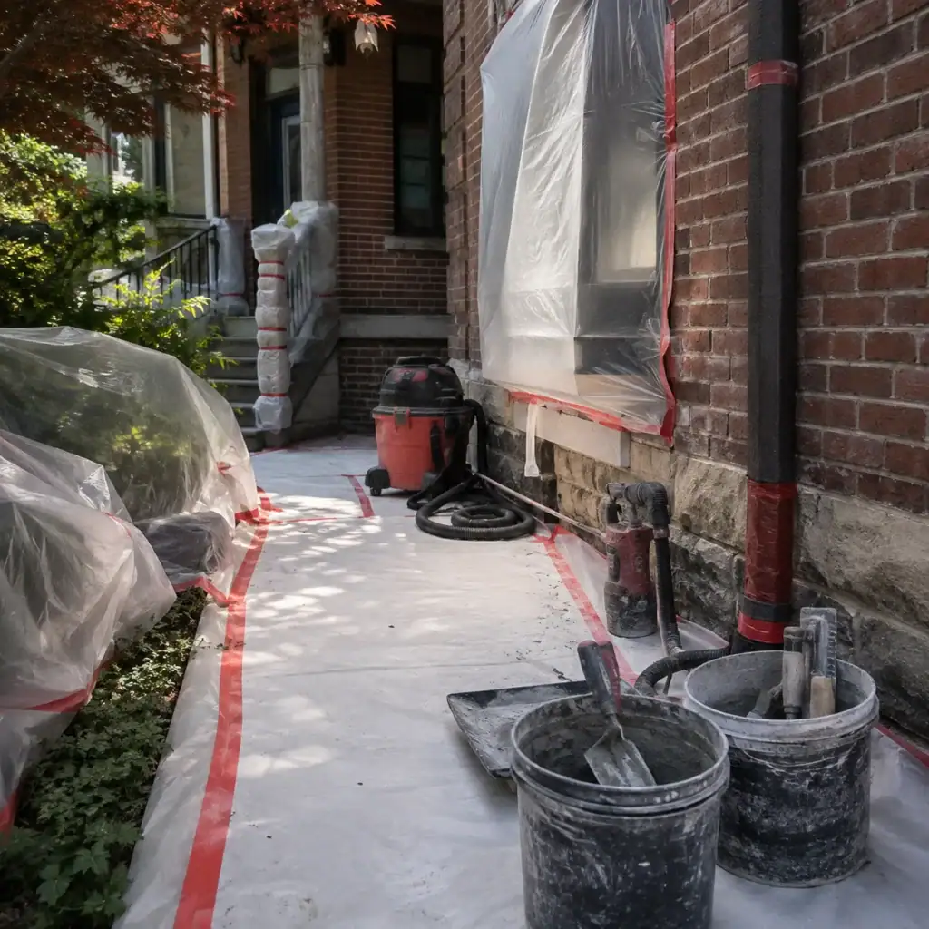 Brick house worksite with plastic-covered windows, protected walkway, tools, and masonry mixing buckets