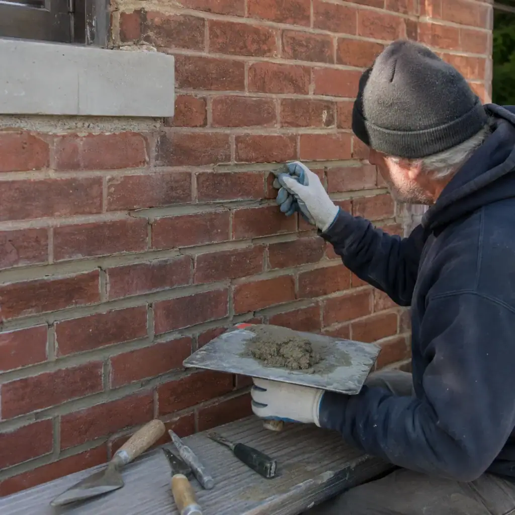 Professional repointing of prepared mortar joints on a Toronto brick wall