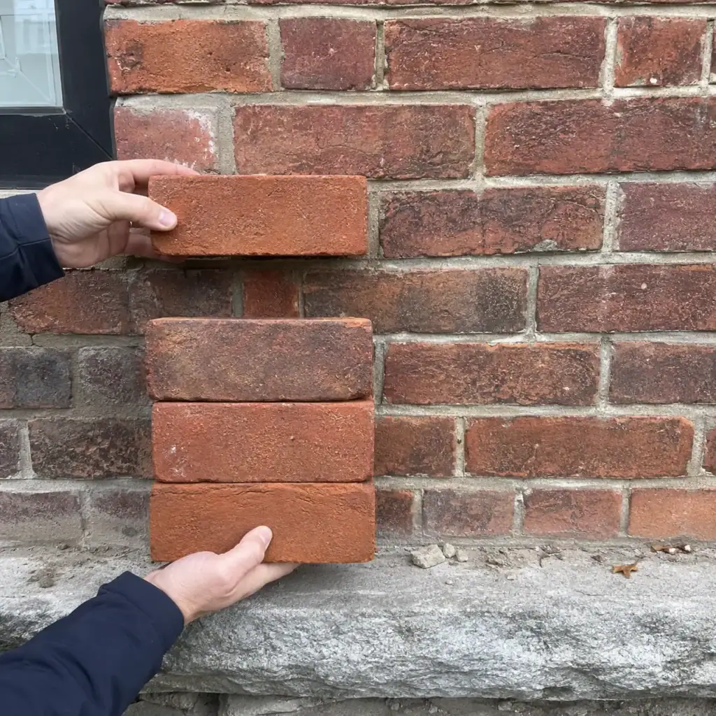 Brick samples being matched to an older Toronto brick wall