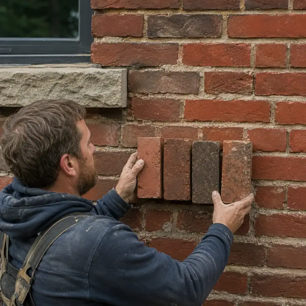 Mason comparing replacement bricks with existing Toronto brickwork