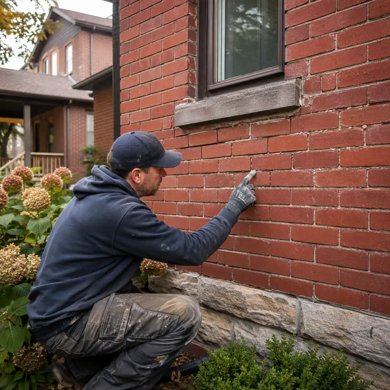 Mason inspecting deteriorated mortar joints on a Toronto brick home before winter