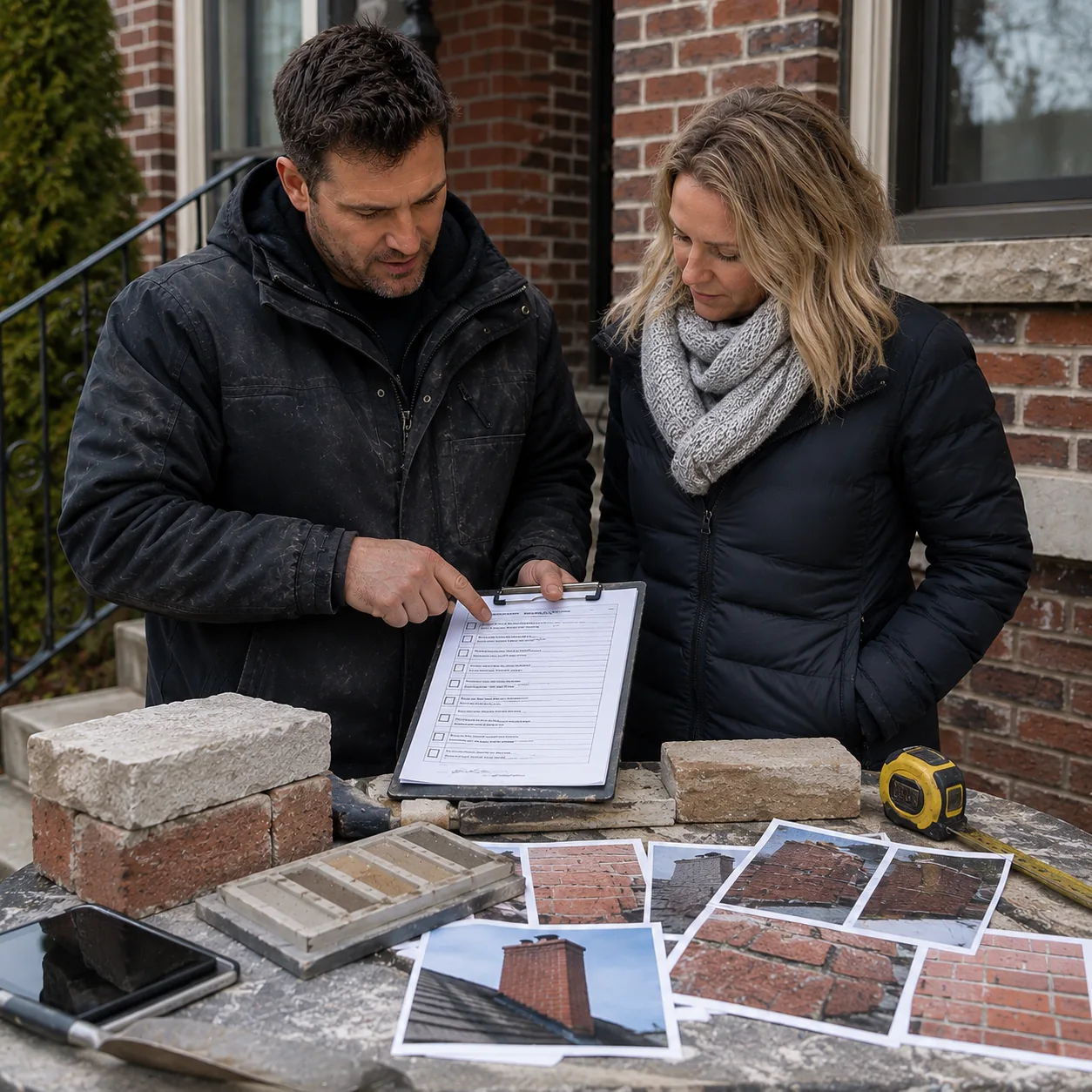 Two people review masonry photos, brick samples, and an inspection checklist beside a brick facade