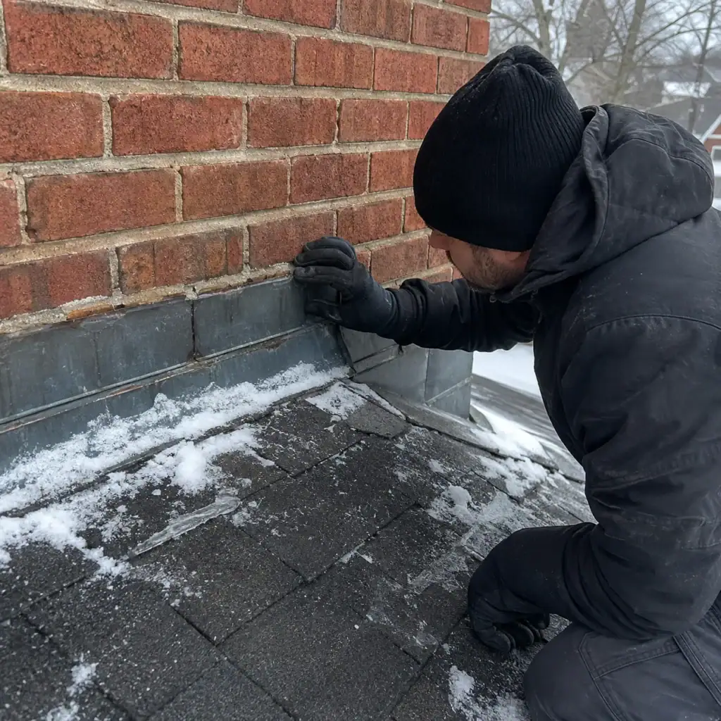 Roof-to-wall masonry junction with snow along the flashing area
