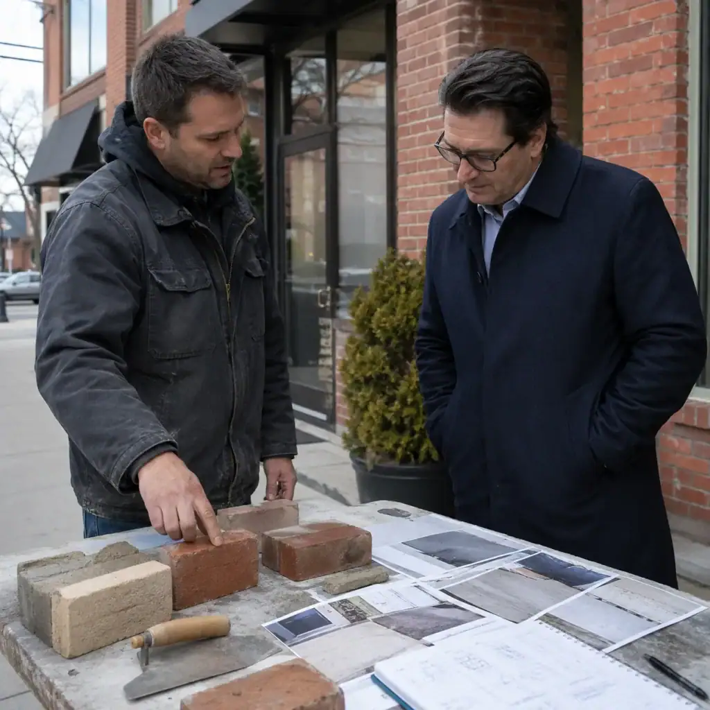 Masonry contractor reviewing commercial masonry repair options with a business owner
