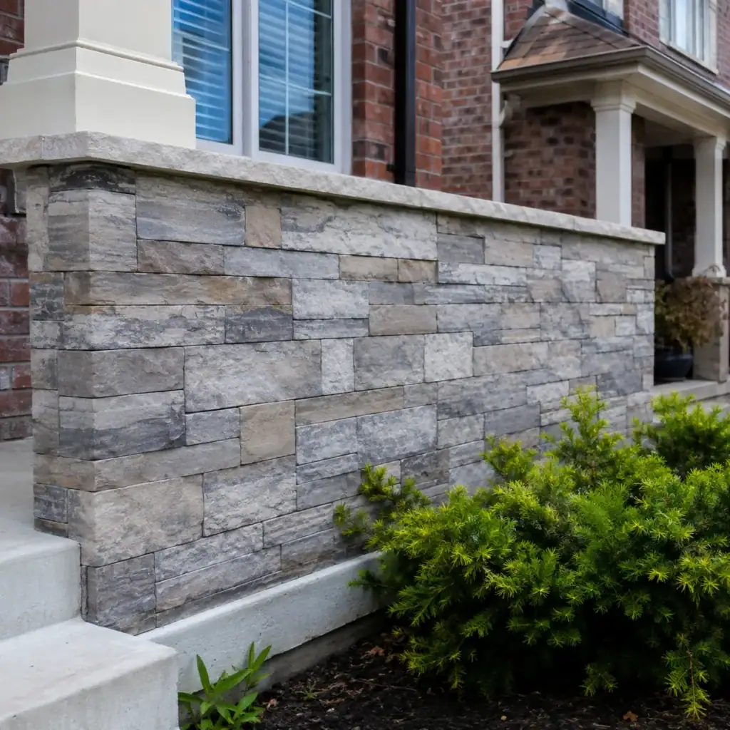 Carefully installed stone veneer accent with proper moisture detailing