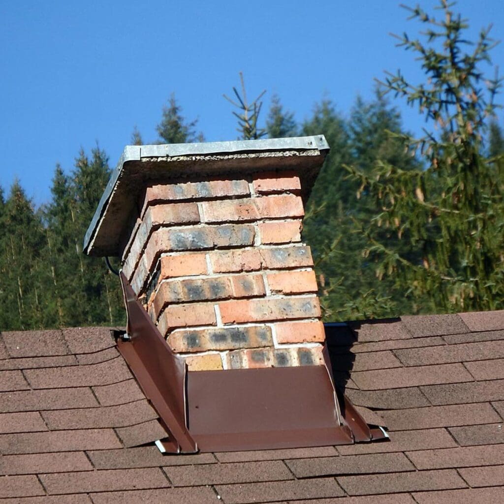 Brick chimney with metal cap and roof flashing above asphalt shingles