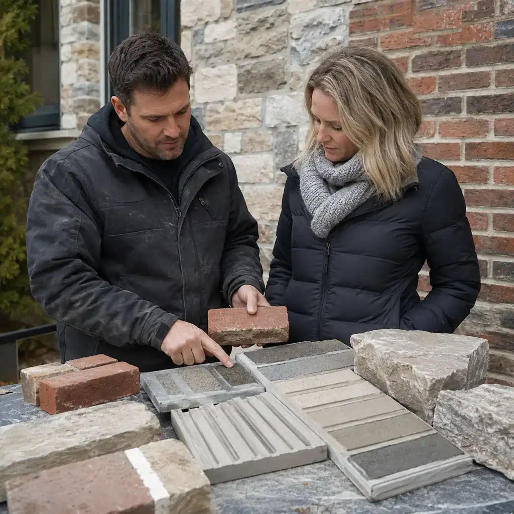 Masonry contractor reviewing mortar type choices with a homeowner