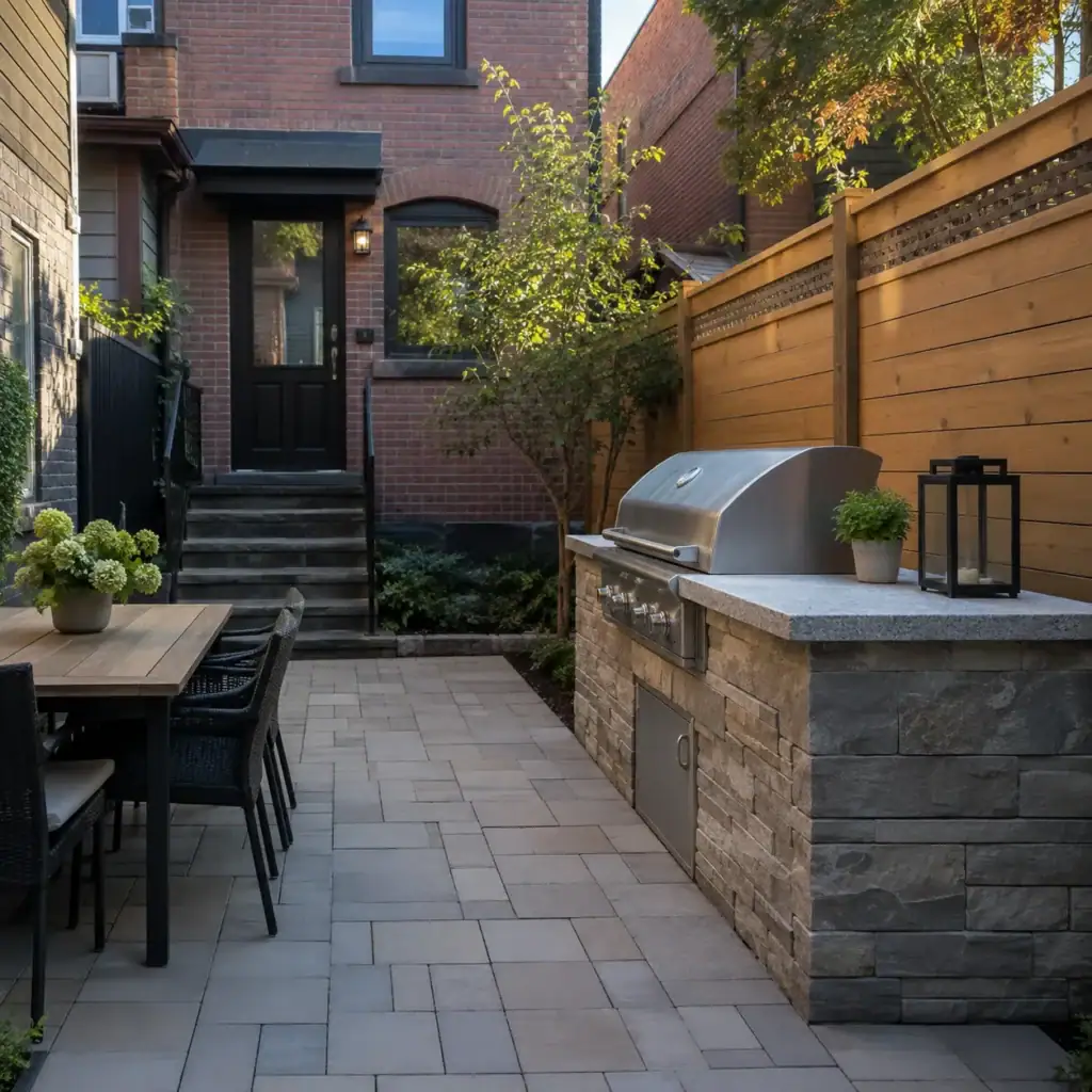 Compact outdoor masonry kitchen in a small Toronto backyard