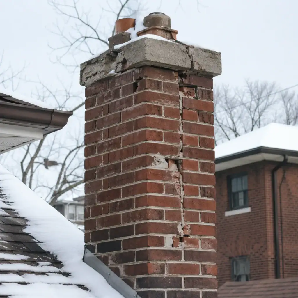 Snow-covered brick chimney with cracked masonry, deteriorated mortar joints, and a damaged concrete crown