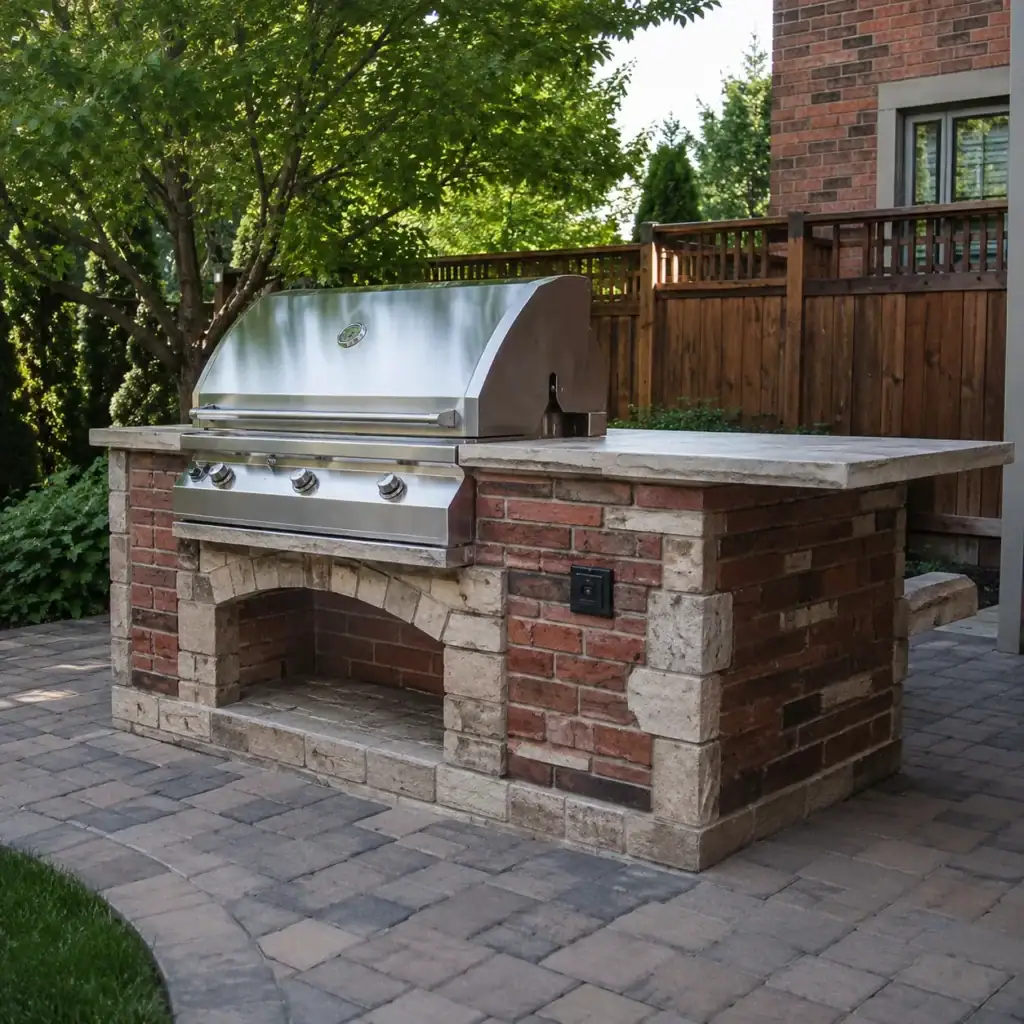Durable brick and stone masonry grill island in a Toronto backyard