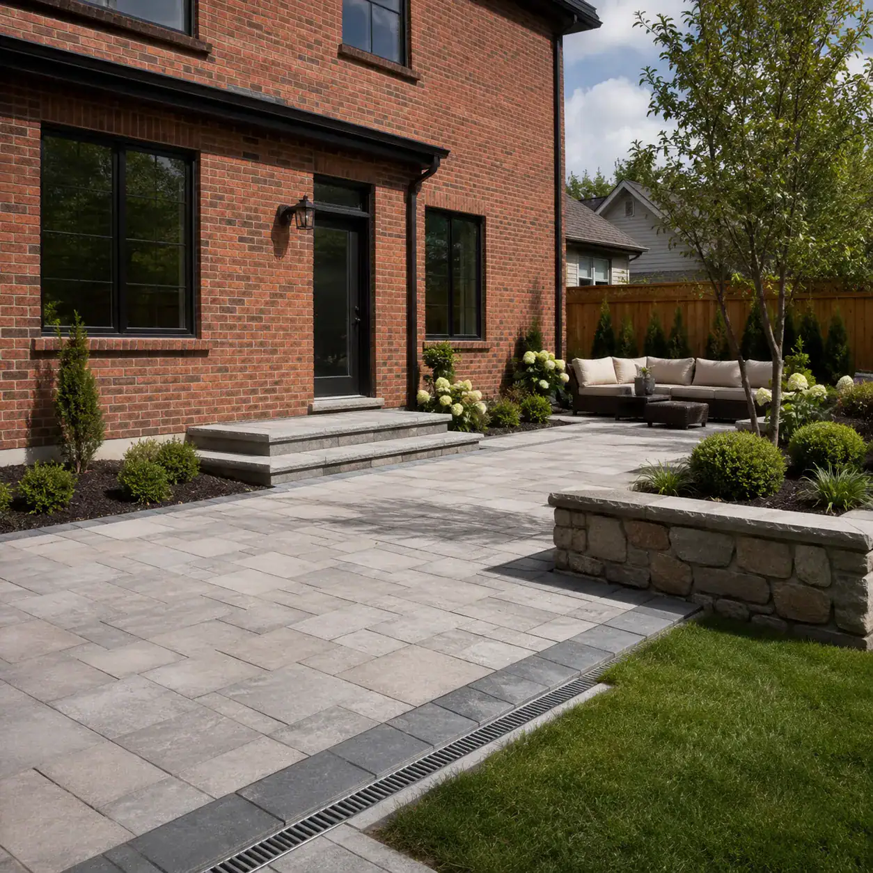 Masonry trends for 2027 shown through restored brick interlocking patio and stone garden wall