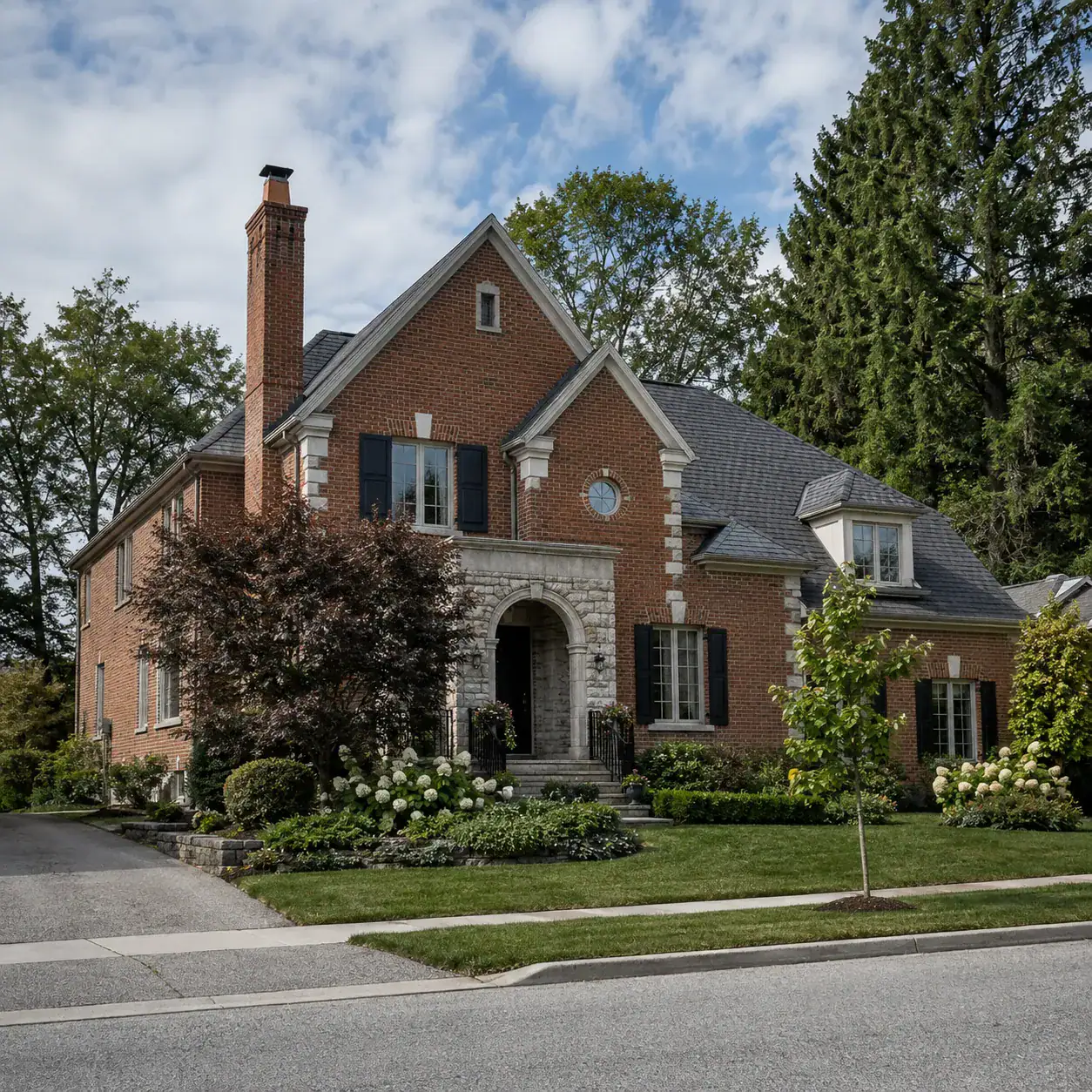 Red brick home with stone entry surround, tall chimney, gables, and landscaped front yard
